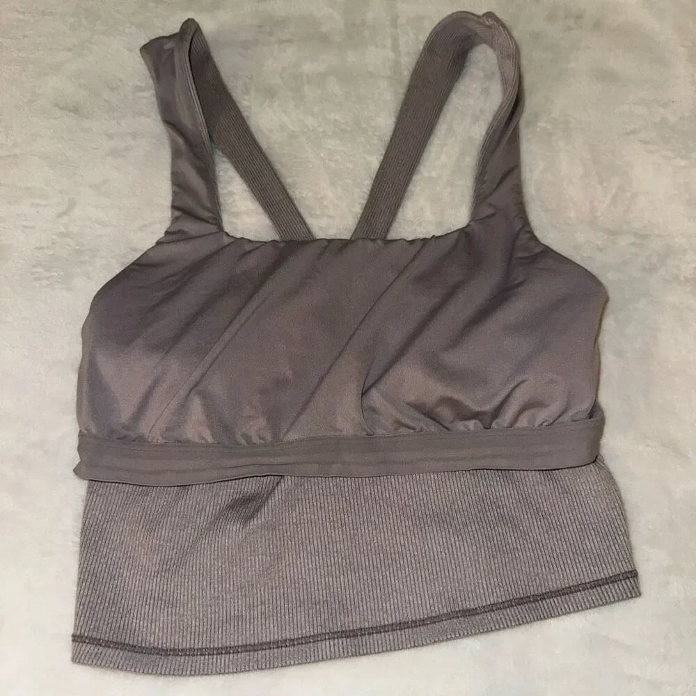 Alo Yoga Women’s Large Ribbed Square Neck Cropped Tank Top Dusty Lilac GUC